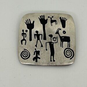 Alice Seely 2000 Tribal Silvertone Brooch With Engraved Petroglyph Design 1.75 I